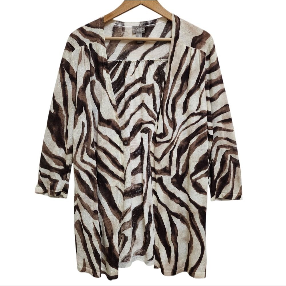 Chico's Travelers Brown Linen Blend Zebra Print 3/4 Sleeve Open Cardigan Size L